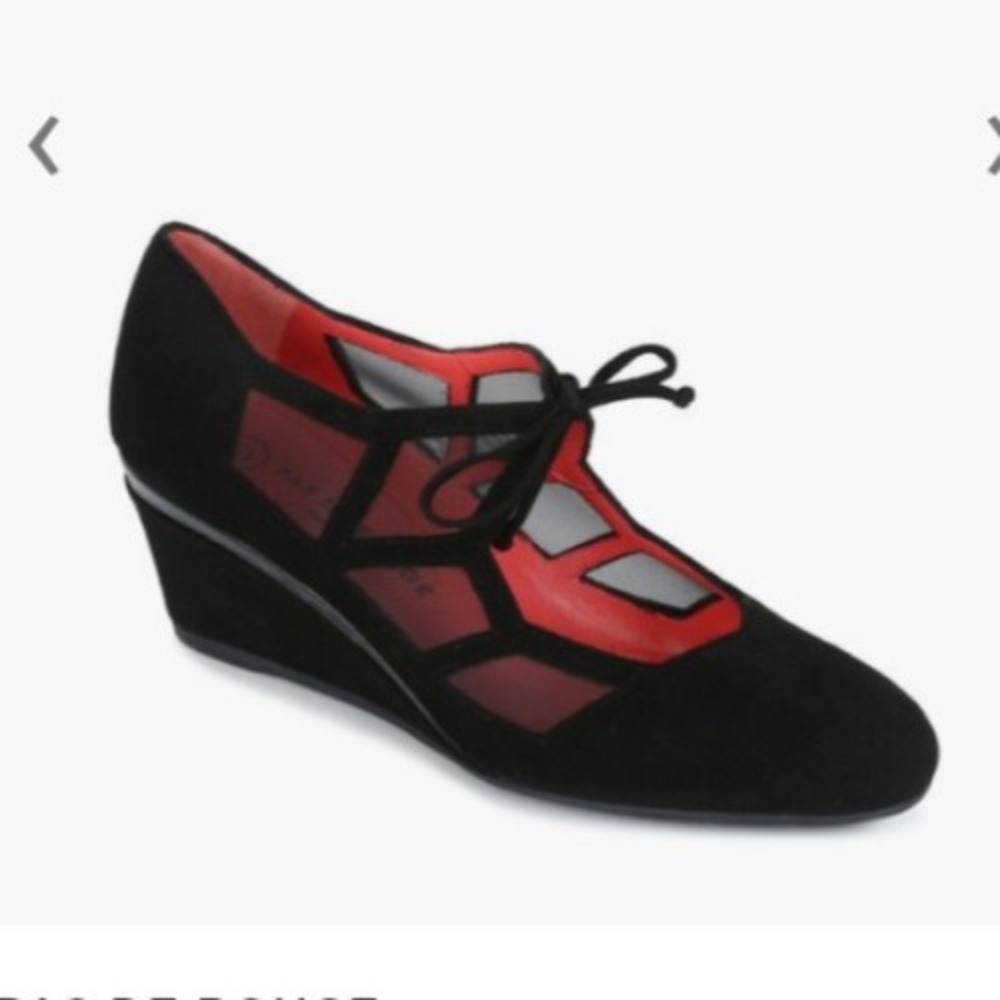 Pas De Rouge Women Black Suede Cut Out Peep Toe Slingback Wedge Heels Size 38